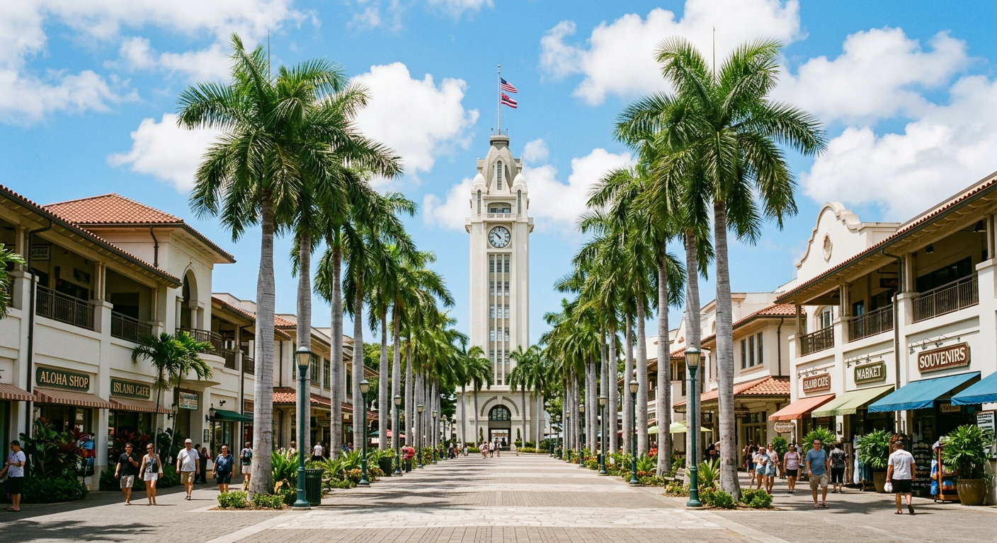 Palm-lined walkway leading to a historic clock tower