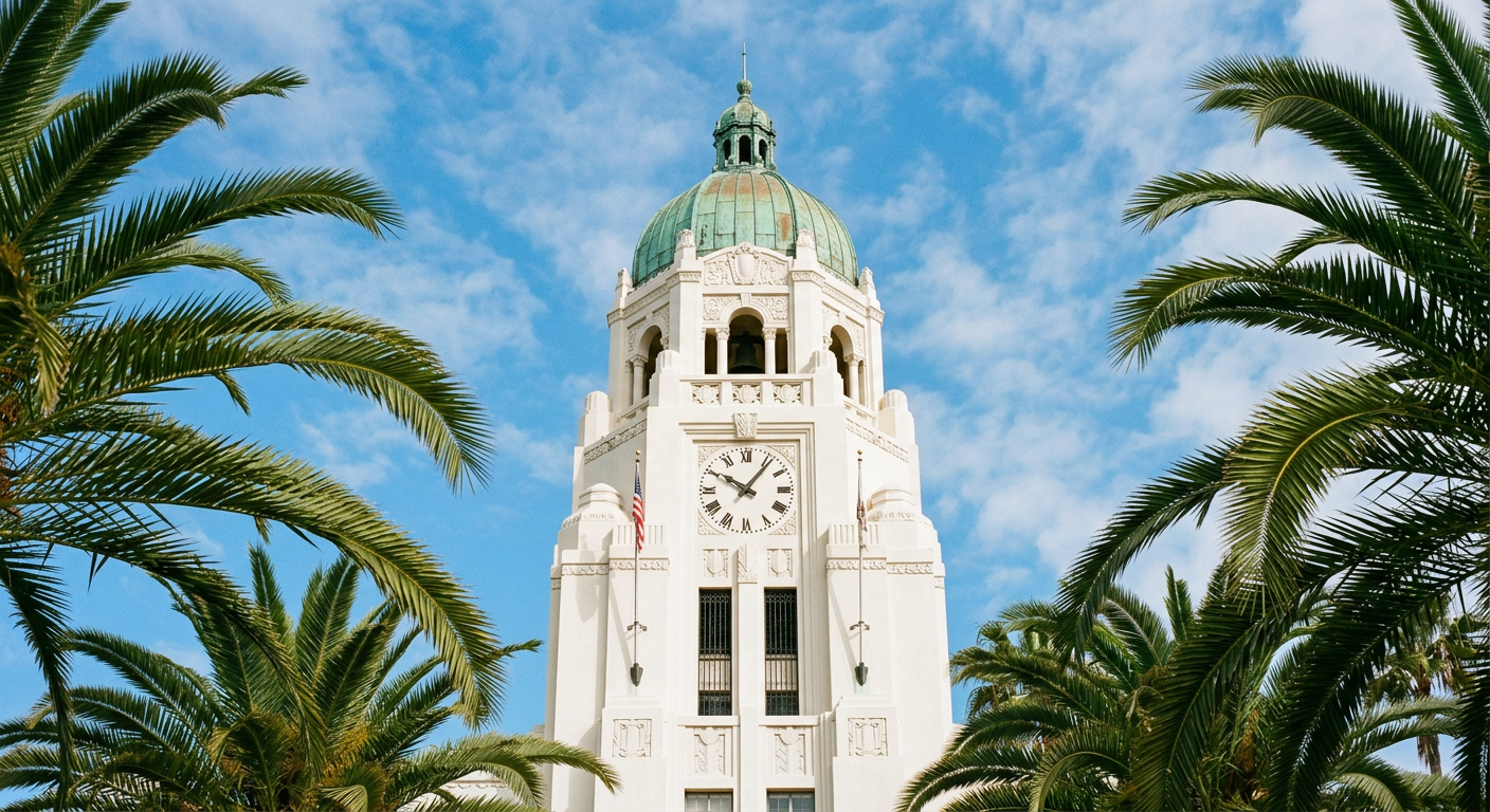 Historic clock tower among palm fronds