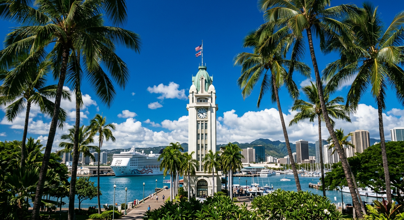 Historic clock tower framed by palm trees