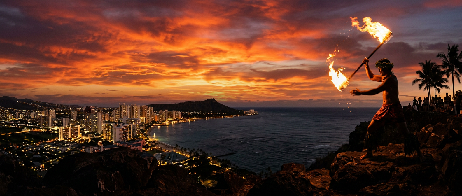 Fire dancer silhouetted against a blazing sunset over Honolulu