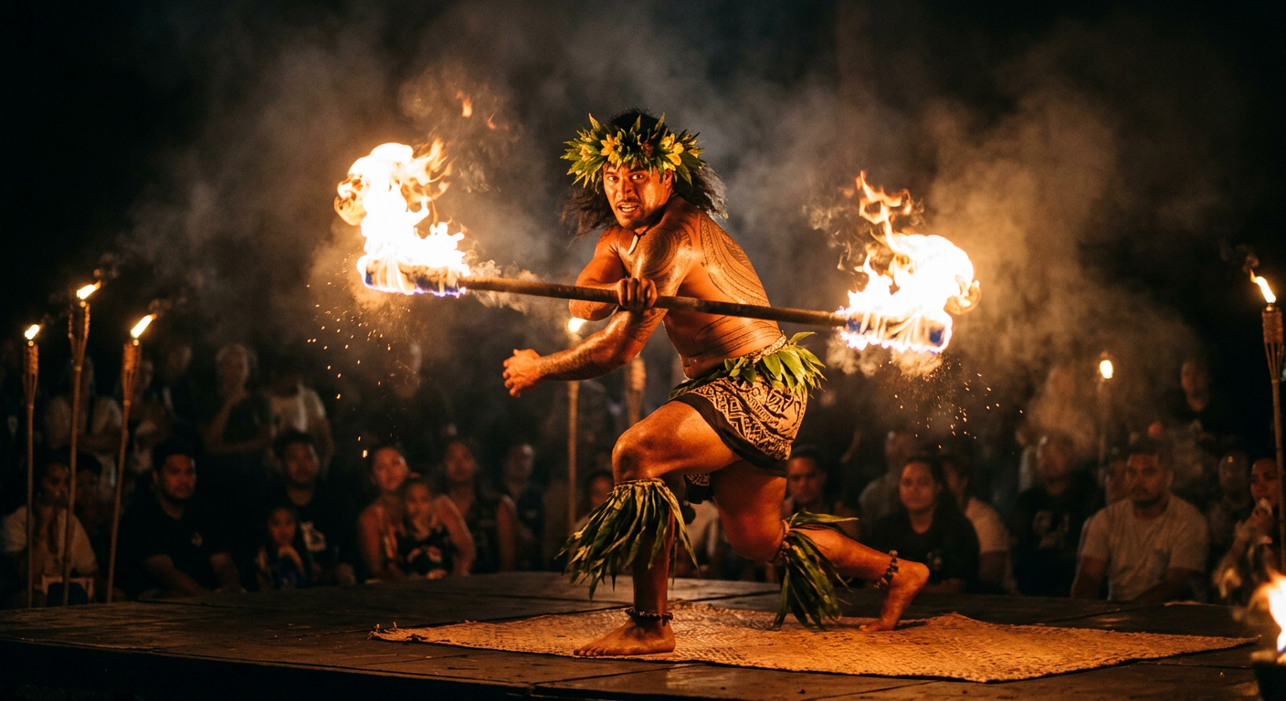 Fire knife dancer spinning a flaming staff
