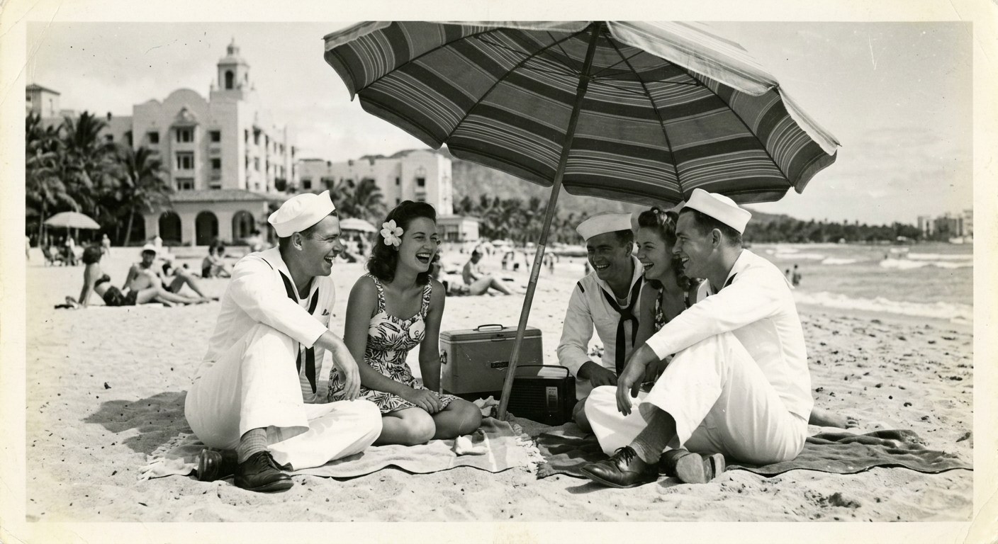 Sailors on Waikiki beach in the 1940s