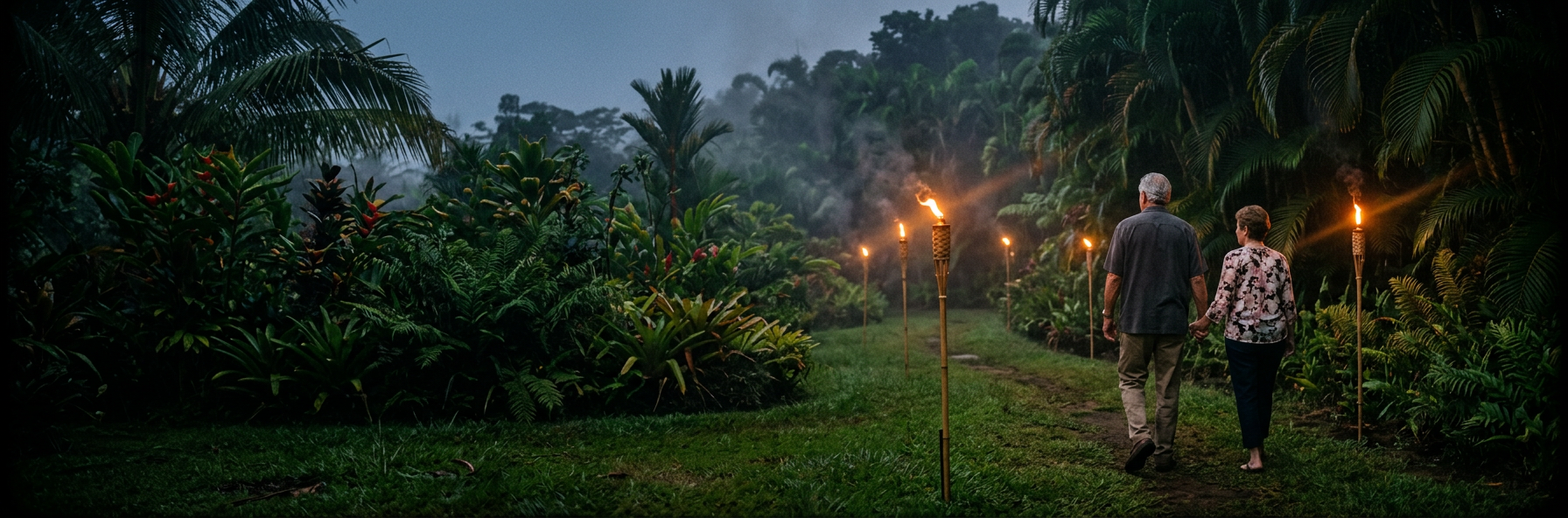 A couple walking down a torch-lit garden path at dusk