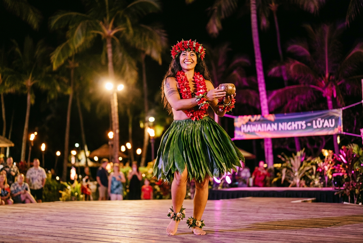 Hula dancer in a flower crown and ti leaf skirt