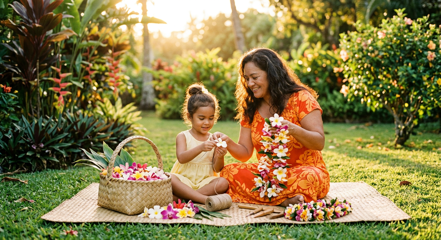 Hawaiian woman teaching a girl to make a lei