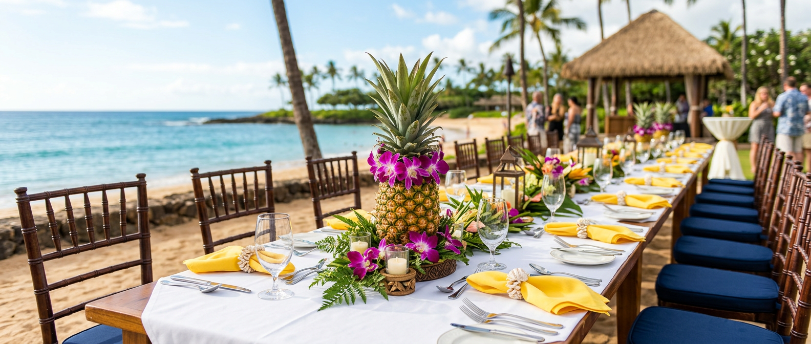 Banquet table set with a pineapple centerpiece and yellow napkins