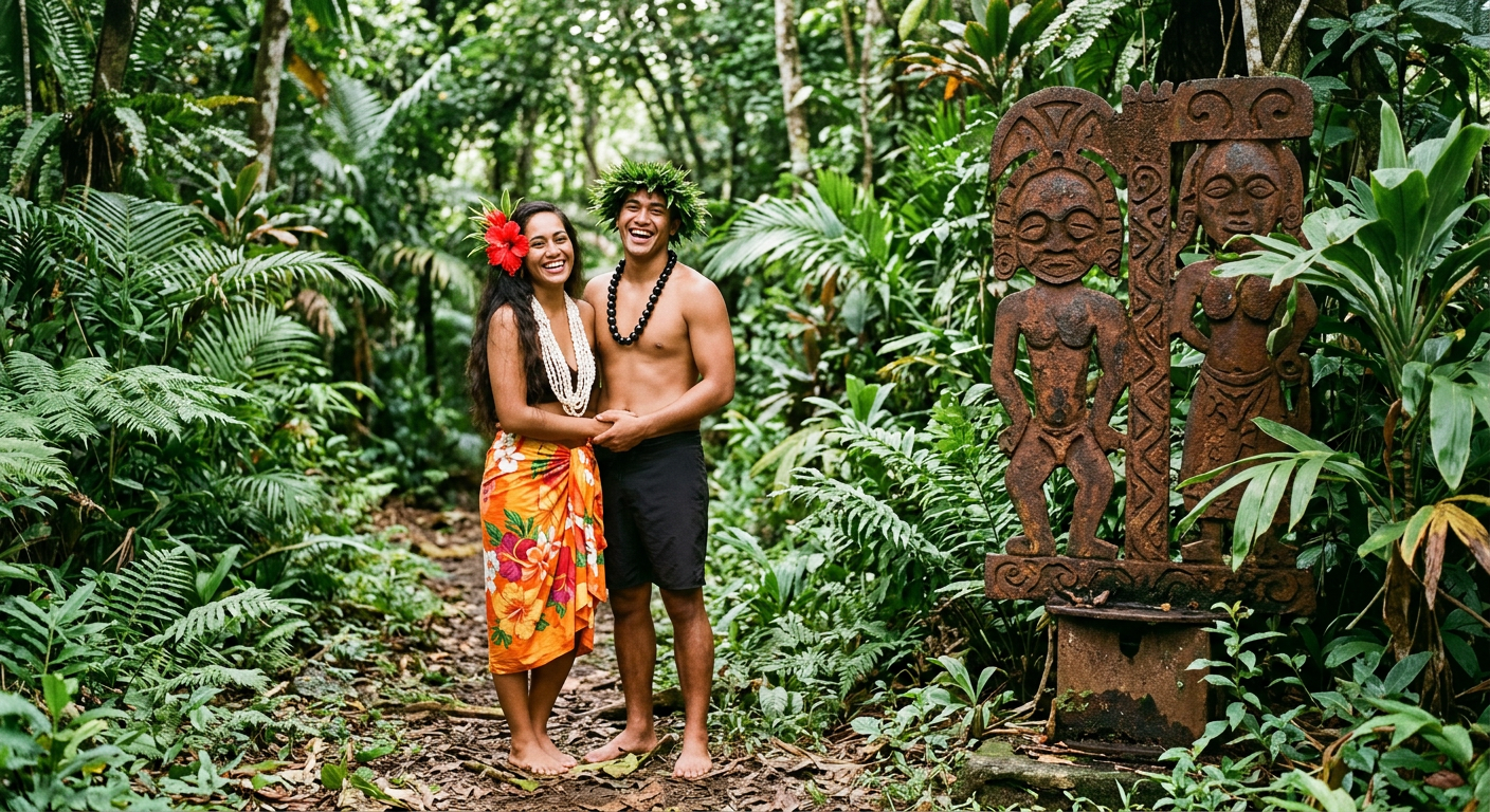 Two smiling luau performers in leis