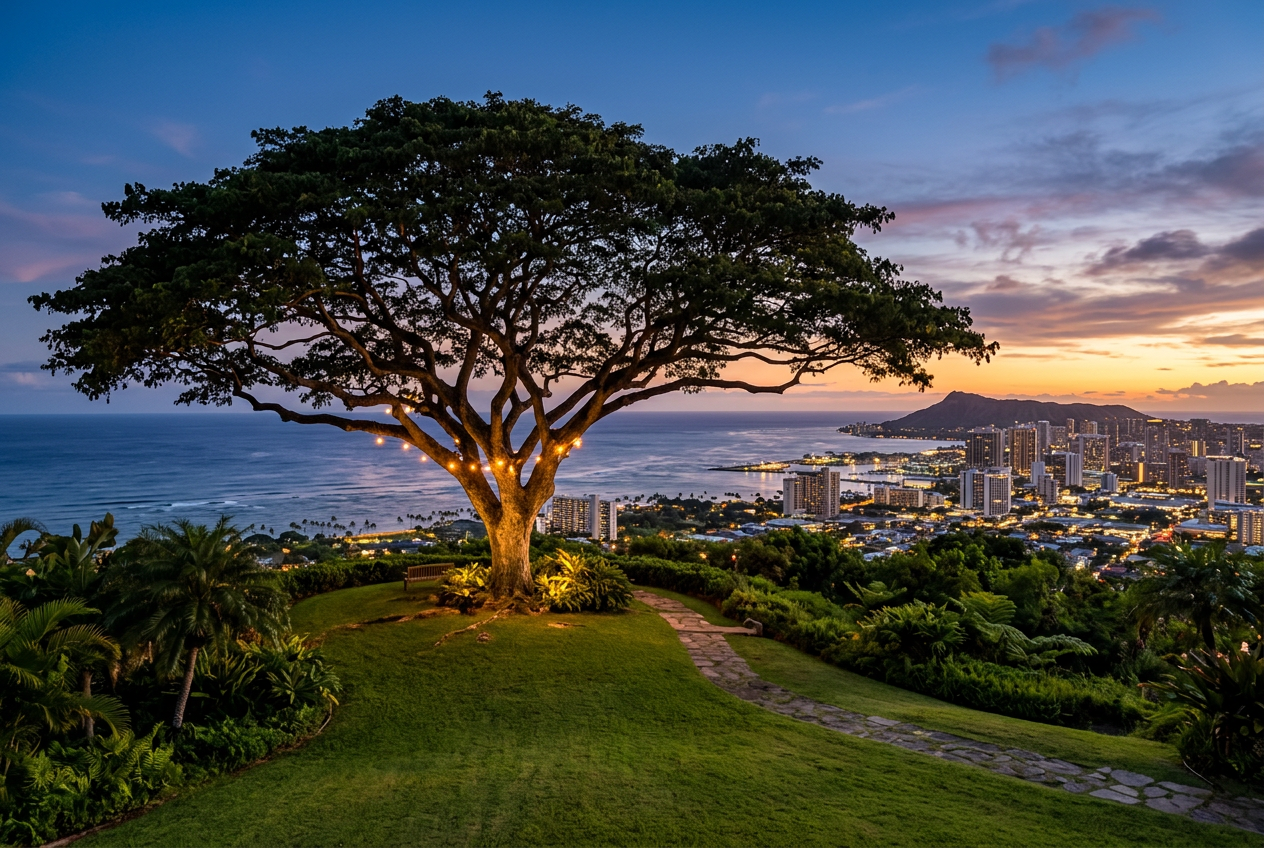 Monkeypod tree on a hillside at sunset over Honolulu