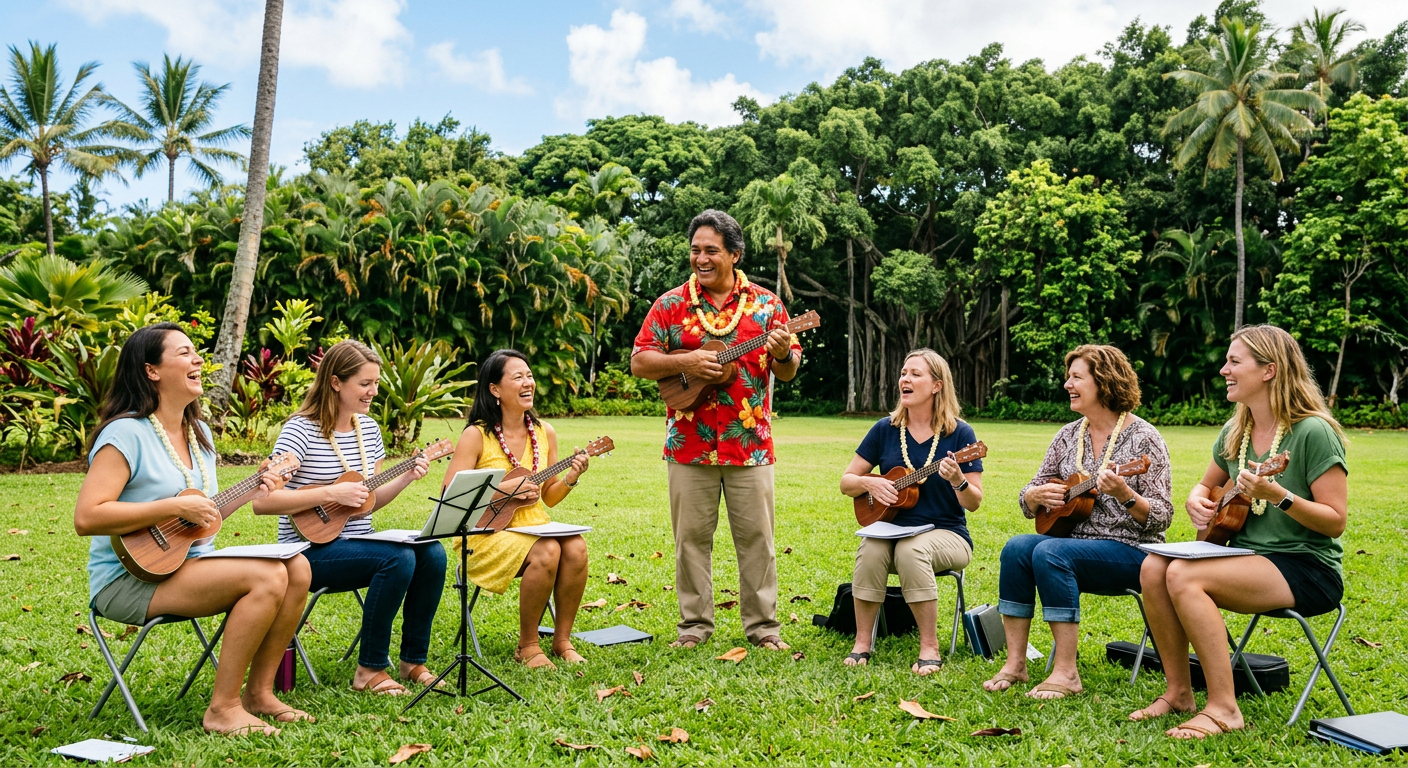 Guests in a ukulele lesson on the lawn