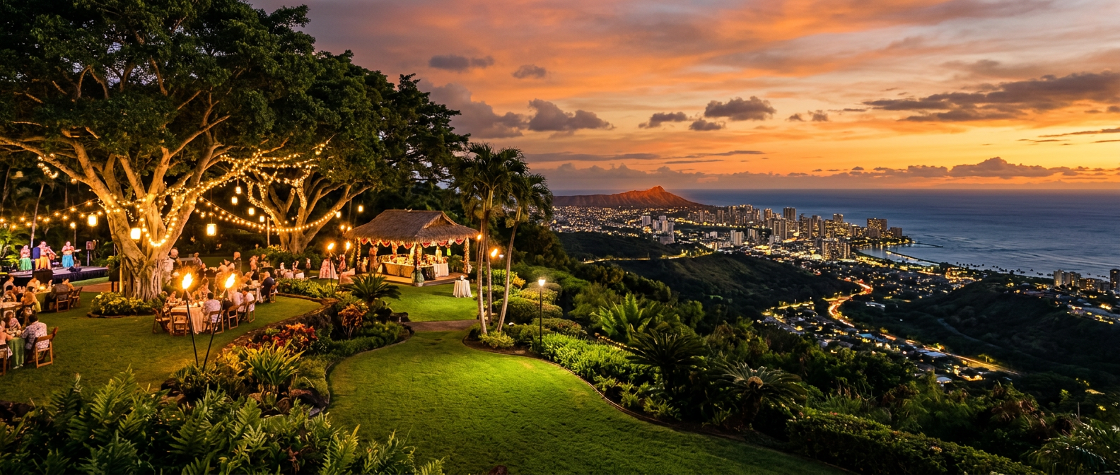 Lantern-lit luau grounds overlooking Honolulu at sunset