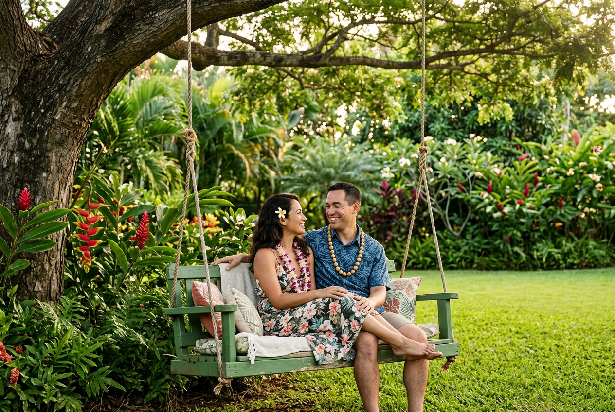 Couple on a garden swing bench